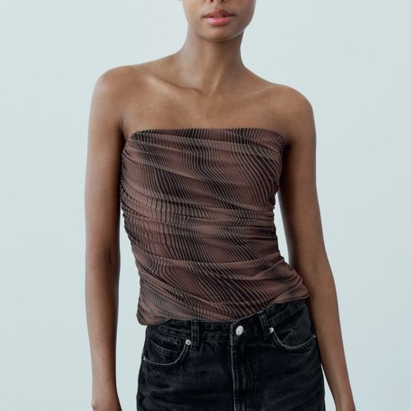 NWT ZARA PRINTED STRAPLESS TULLE TOP - Picture 1 of 7